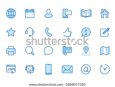 Contact us line icon set. Feedback, customer service, phone, email address, web site minimal vector illustration. Simple outline sign business card, landing page. Blue color, Editable Stroke.