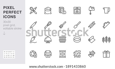 Bakery line icon set. Baking tool - confectionery bag, dough roll, cake decorating, pastry ingredient minimal vector illustration. Simple outline sign of cooking. 30x30 Pixel Perfect, Editable Stroke.