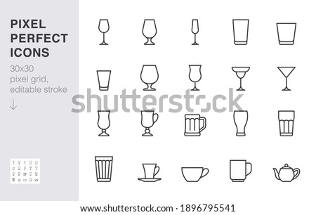 Glass line icon set. Drink glassware type - beer mug, whiskey shot, wineglass, teapot minimal vector illustration. Simple outline sign of cocktail, beverage. 30x30 Pixel Perfect, Editable Stroke.