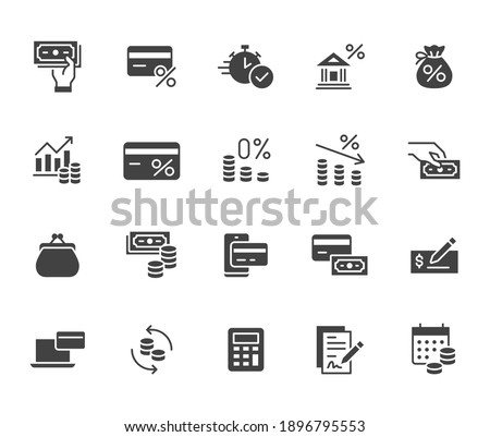 Money loan flat icon set. Credit score, low interest, discount card, mortgage percent, tax black minimal silhouette vector illustration. Simple glyph signs for bank application.