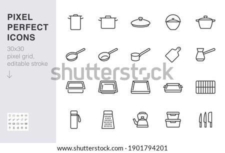 Cookware line icon set. Kitchen equipment - cooker pan pot, frying griddle, lid, knife grater minimal vector illustration. Simple outline sign of cooking utensils. 30x30 Pixel Perfect Editable Stroke