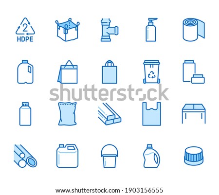 High density polyethylene flat line icons. HDPE products - jerry can, plastic canister, pipes, milk jug, garbage container vector illustrations. Thin signs of packaging. Blue color, Editable Stroke.