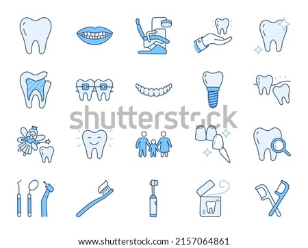 Dental clinic doodle illustration including icons - veneer, teeth whitening, braces, implant, electric toothbrush, caries, floss, mouth. Thin line art about stomatology. Blue Color, Editable Stroke