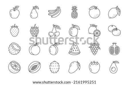 Fruit and berry doodle illustration including icons - strawberry, apple, pineapple, raspberry, pomegranate, avocado, watermelon, coconut. Thin line art about healthy organic food. Editable Stroke