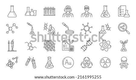 Chemistry doodle illustration including icons - flask, lab tube, scientist, dropper, petri dish, beaker, experiment, education, biotechnology. Thin line art about laboratory research. Editable Stroke