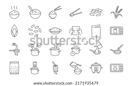 Rice doodle illustration including icons - bowl, japanese food, chopsticks, squeeze, tear bag, pan, spoon, microwave, colander, water pot. Thin line art about grain meal cooking. Editable Stroke