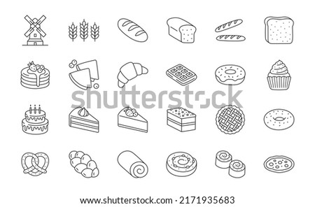Bakery products doodle illustration including icons - cupcake, croissant, biscuit, bagel, donut, toast, baguette, dessert, cinnamon roll. Thin line art about bread and confectionery. Editable Stroke