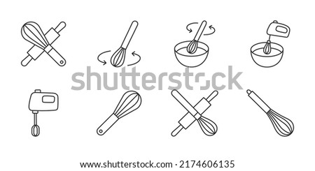 Whisk doodle illustration including icons - rolling pin, mixer, bowl. Thin line art about dough. Editable Stroke