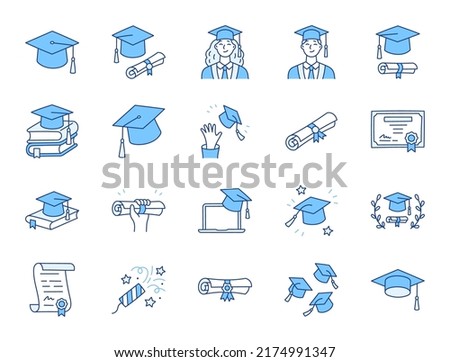 Graduation doodle illustration including icons - student in cap, diploma certificate scroll, university degree. Thin line art about high school education. Blue Color, Editable Stroke