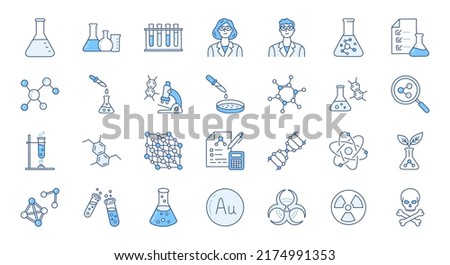 Chemistry doodle illustration including icons - flask, lab tube, scientist, petri dish, beaker, experiment, biotechnology. Thin line art about laboratory research. Blue Color, Editable Stroke