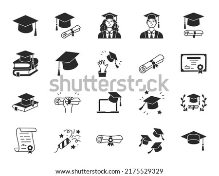 Graduation doodle illustration including flat icons - student in cap, diploma certificate scroll, university degree. Glyph silhouette art about high school education. Black color