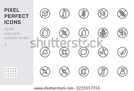 Food allergen line icon set. Gluten free, sugar, lactose, hormone, without peanut, no soy, fat minimal vector illustration. Simple outline sign for meal label. 30x30 Pixel Perfect, Editable Stroke