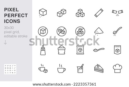 Sugar line icon set. Sweetener, powder, glucose, pouch, sachet, soluble, pack, coffee minimal vector illustration. Simple outline sign for sweet ingredients. 30x30 Pixel Perfect, Editable Stroke
