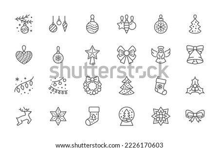 Christmas ornament line icon set. Xmas tree decoration, mistletoe, ball, wreath, angel, star minimal vector illustration. Simple outline sign for New Year toys. Editable Stroke