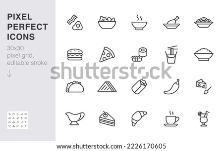 Restaurant menu line icon set. Sandwich, shawarma, soup, salad, pasta, tacos, pizza, eggs and bacon minimal vector illustration. Simple outline sign for kitchen. 30x30 Pixel Perfect, Editable Stroke