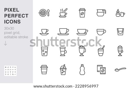 Coffee menu line icon set. Cappuccino, spoon, mug, hot beverage, takeaway, mocha, regular, macchiato minimal vector illustration. Simple outline sign for cafe. 30x30 Pixel Perfect, Editable Stroke