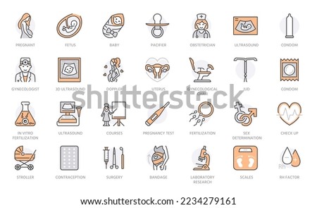 Gynecology line icons set. Ultrasound, fertility, fetus, newborn baby, gynecologist, doppler, condom, stroller vector illustration. Outline signs about pregnancy. Grey orange color Editable Stroke