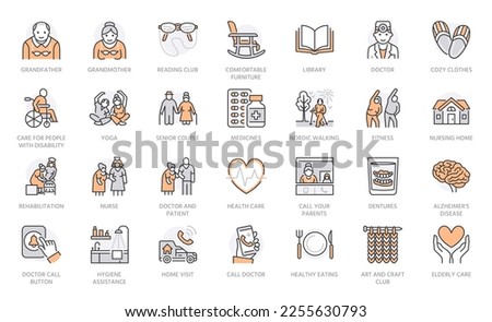 Elderly care line icons set. Grandfather, senior woman, nursing, rehabilitation, wheelchair, glasses vector illustration. Outline signs about old person nursing. Grey orange color, Editable Stroke