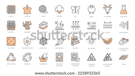 Fabric feature line icons set. Material features - textile, leather, cotton, silk, wool, cashmere yarn, synthetic vector illustration. Outline signs about clothes label. Orange color Editable Stroke