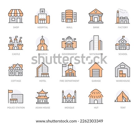 Building line icons set. Hospital, hotel, bank, mall, skyscraper, government city hall, castle, police minimal vector illustration. Simple flat outline sign for web app. Orange color. Editable Stroke