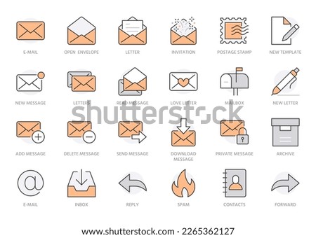 Email line icons set. Letter, spam mail, open envelope, postage stamp, mailbox, new document minimal vector illustrations. Simple flat outline signs for web. Orange color. Editable Stroke