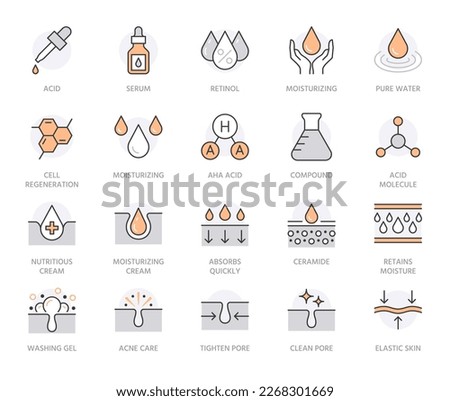 Skin care flat line icons set. Hyaluronic acid drop, serum, anti ageing compound retinol, pore tighten cream vector illustrations. Outline signs cosmetic product label. Orange color. Editable Stroke