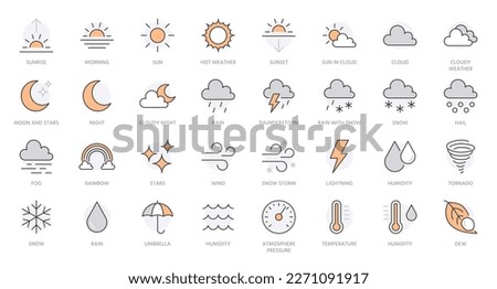 Weather line icons set. Sun, rain, thunder storm, dew, wind, snow cloud, night sky minimal vector illustrations. Simple flat outline signs for web, forecast app. Orange color. Editable Stroke