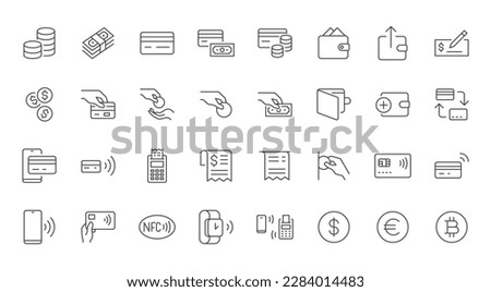Payment line icons set. Cash money, coins in hand, credit card, wallet, bank check, cashless pay, receipt, contactless purchase vector illustration. Outline signs for finance app. Editable Stroke