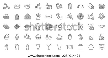 Restaurant menu line icons set. Salad, breakfast, fast food dinner, pizza, pasta, sushi, cocktails, vegetarian meal, tacos vector illustration. Outline signs for takeaway lunch. Editable Stroke