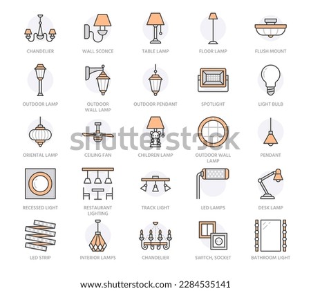 Light fixture, lamp flat line icons. Home, outdoor lighting equipment - chandelier, wall sconce, light bulb, power socket. Vector illustration, signs for electric store. Orange color. Editable Stroke