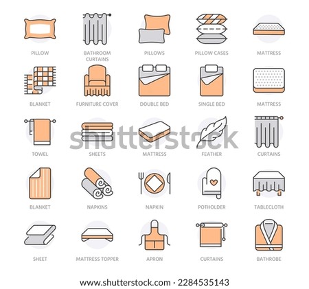 Bedding flat line icons. Orthopedics mattresses, bedroom linen, pillows, sheets set, blanket and duvet illustrations. Thin signs for interior store. Orange color. Editable Stroke