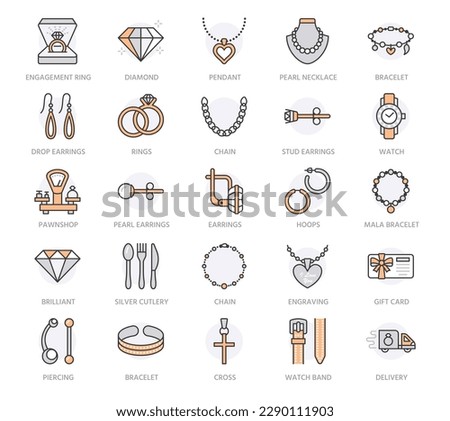 Jewelry flat line icons, jewellery store signs. Jewels accessories - gold engagement rings, gem earrings, silver chain, engraving necklaces, brilliants, pawnshop. Orange color. Editable Stroke