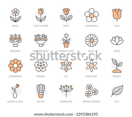 Flower line icon set. Rose, tulip in vase, fruit bouquet, spring blossom, cactus minimal vector illustration Simple outline signs for flowers delivery application. Orange color. Editable Stroke