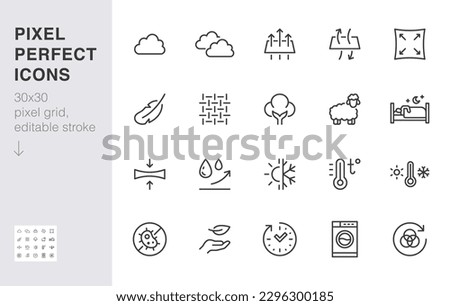 Blanket pillow properties line icon set. Cushion, lush, breathing, fluff, filler, waterproof minimal vector illustration. Simple outline sign for comfort sleep. 30x30 Pixel Perfect, Editable Stroke
