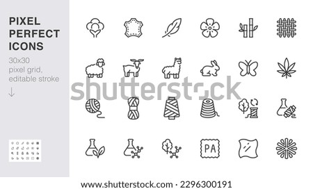 Fabric material line icon set. Linen, leather, cotton, bamboo, cashmere, mohair minimal vector illustration. Simple outline sign for clothing textile feature. 30x30 Pixel Perfect, Editable Stroke