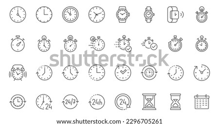 Time line icons set. Timer, alarm clock, wristwatch, smart watch, hourglass, schedule calendar vector illustration. Outline signs about notification. Editable Strok
