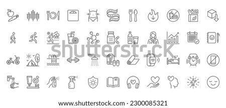 Healthy lifestyle line icons set. Active life - organic food, nutrition, running, jogging, time management, scales, bicycle, hiking vector illustration. Outline signs for good habits. Editable Stroke