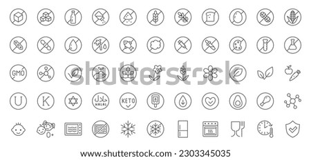 Food allergen line icons set. Product features - soy free, peanut, gluten, dairy, grain, palm, salt, vegan, chemicals, diet vector illustration. Outline signs for meal label. Editable Stroke