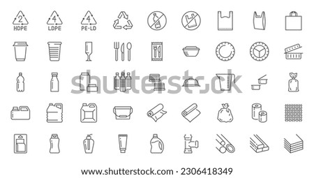 Plastic packaging line icons set. Disposable tableware, water bottle, blister pack, container, canister, garbage bag, bubble wrap vector illustration. Outline signs of polyethylene. Editable Stroke