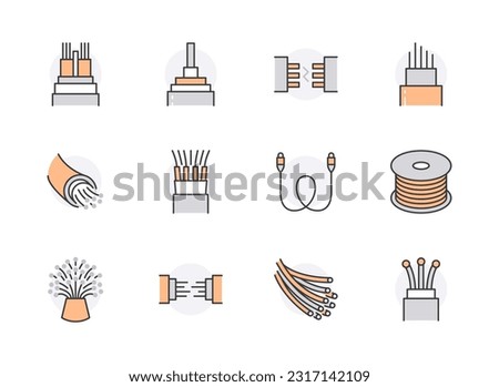 Optical fiber flat line icons. Network connection, computer wire, cable bobbin, data transfer. Thin signs for electronics store, internet services. Orange Color. Editable Strokes
