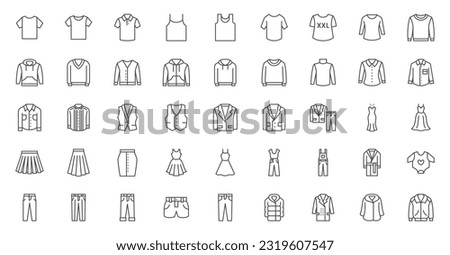 Clothes line icons set. Sweatshirt, hoody, pullover, bathsuit, jacket, evening dress, cardigan, trousers visualization vector illustration. Outline signs of fashion apparel. Editable Stroke