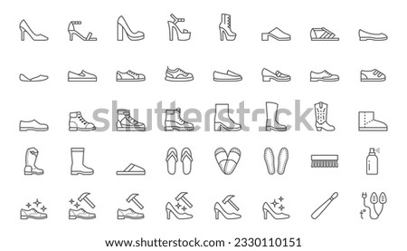 Shoe line icon set. High heels sandal, cowboy boots, hiking footwear, sneakers, slipper, moccasin, loafer minimal vector illustrations. Simple outline signs for fashion application. Editable Stroke