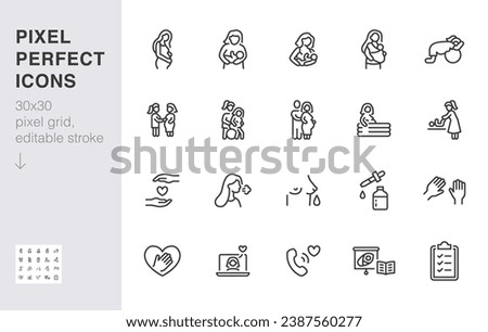 Childbirth line icon set. Woman breastfeeding baby, postpartum support, birth position, pregnant minimal vector illustration. Simple outline sign for doula service. 30x30 Pixel Perfect Editable Stroke