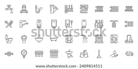 Plumbing line icon set. Plunger, dishwasher, pipeline, bathtub, faucet, sink, underfloor heating, pissoir minimal vector illustrations. Simple outline signs for bathroom equipment. Editable Stroke