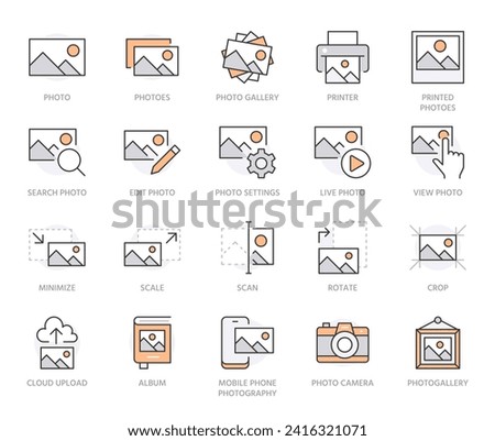 Photo line icon set. Image gallery, picture frame, printer, file resize, camera minimal vector illustrations. Simple outline signs for photos editor application. Orange Color. Editable Strokes