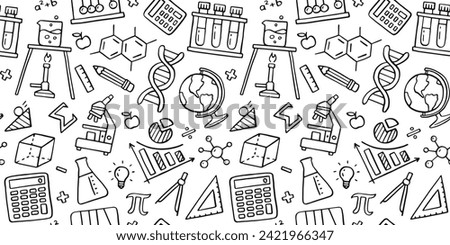 Education doodle seamless pattern. Science line hand drawn elements - mathematics formula, chemistry molecule, dna, graph, scientific experiment vector repeated background