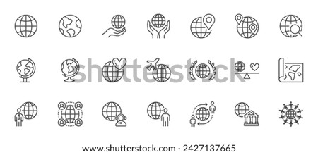 Globe line icon set. Map pin, planet earth, global business, round the world travel, teamwork outline vector illustration. Simple linear pictogram for oversea. Editable Stroke