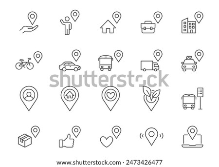 Location line icon set. Map pin, you are here, bus stop, taxi parking, green zone, place of work, cargo tracking outline vector illustration. Simple linear pictogram for navigation. Editable Stroke