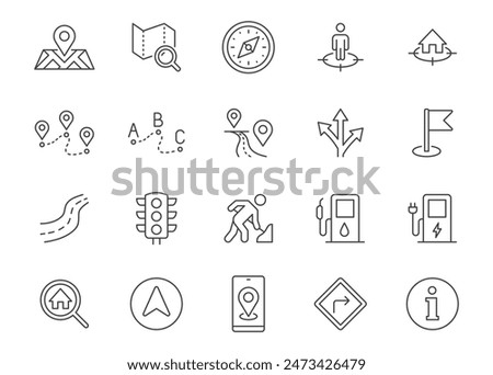 Location line icon set. Map pin, gps signal, route, distance marker, road works, fuel, traffic lights outline vector illustration. Simple linear pictogram for navigation. Editable Stroke