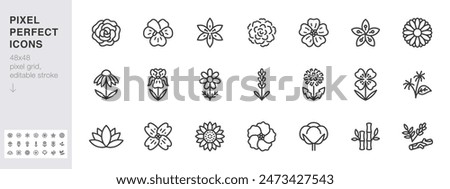 Medical flowers line icon set. Rose, violet, jasmine, calendula, echinacea, iris, chamomile minimal vector illustrations. Simple outline signs for cosmetic plants. 48x48 Pixel Perfect Editable Stroke